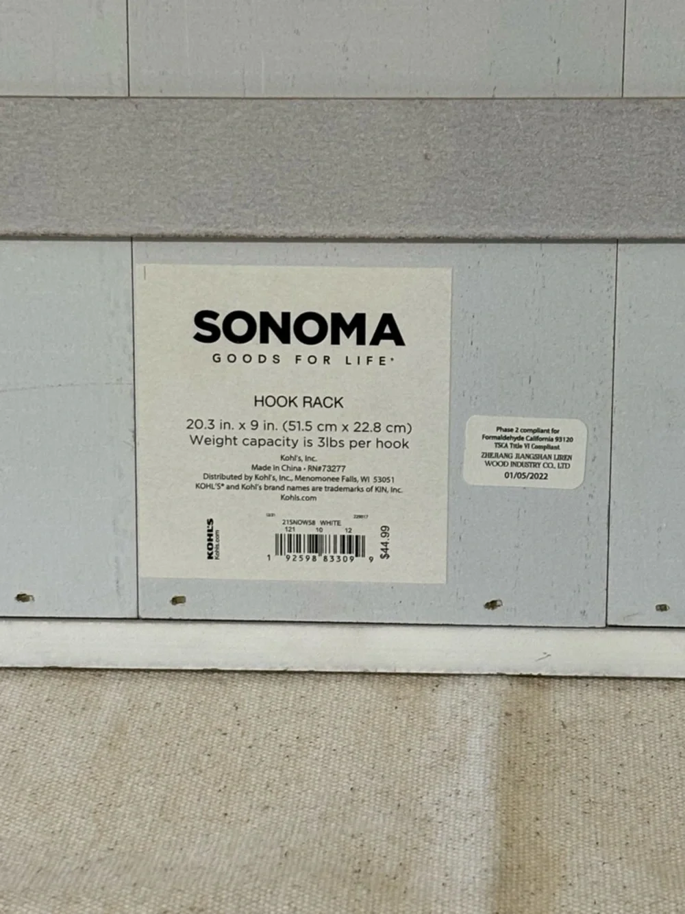 Sonoma White Wall Hook Rack with Black Hooks